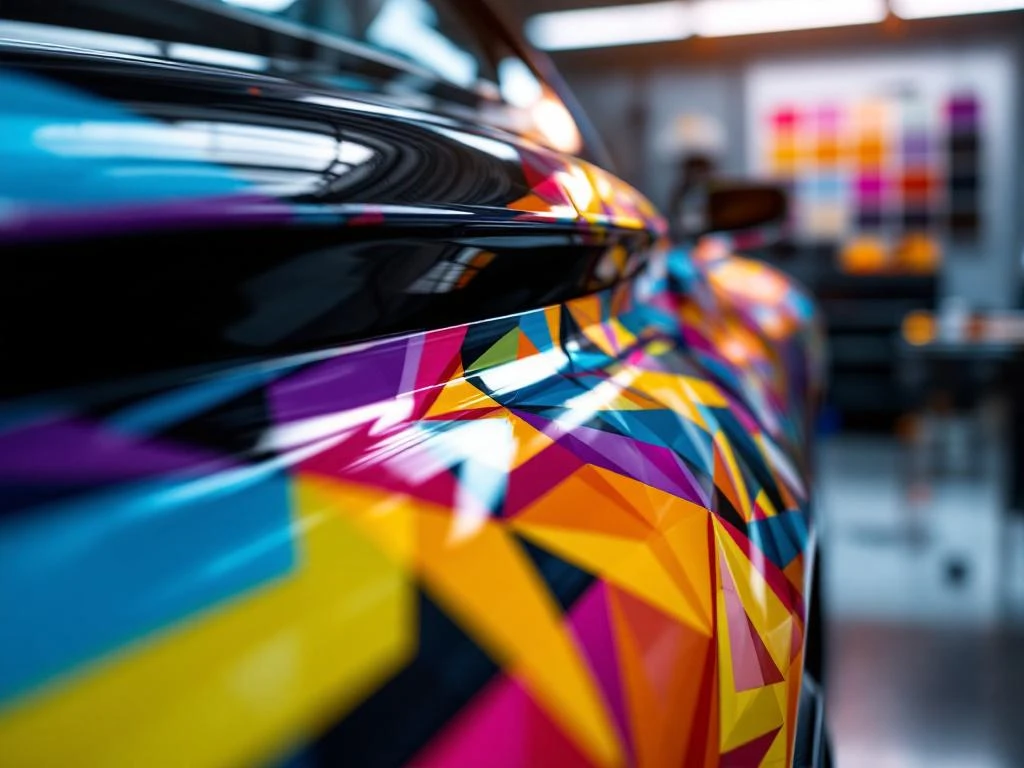 Professionele vinyl graphics worden aangebracht op glanzende moderne auto in studio met designgereedschap op achtergrond