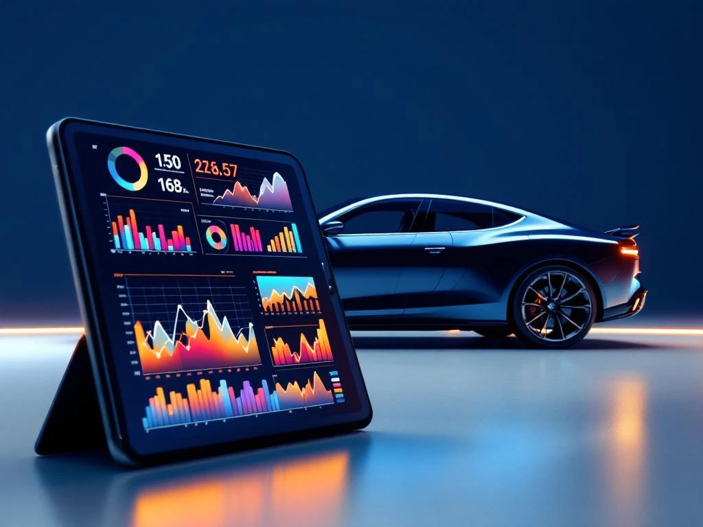 Moderne auto met vinyl graphics naast tablet met kleurrijke analytics grafieken en stijgende trendlijnen op blauwe achtergrond
