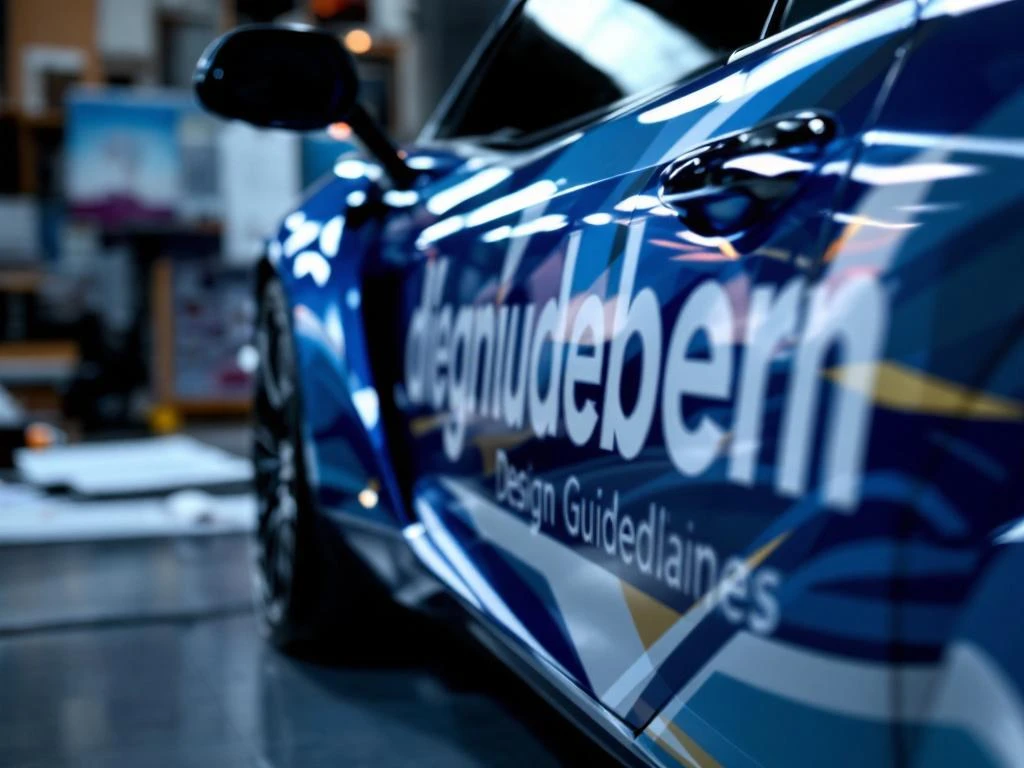 Moderne auto met professionele vinyl graphics in blauw en wit, met designtools op achtergrond die vakmanschap tonen