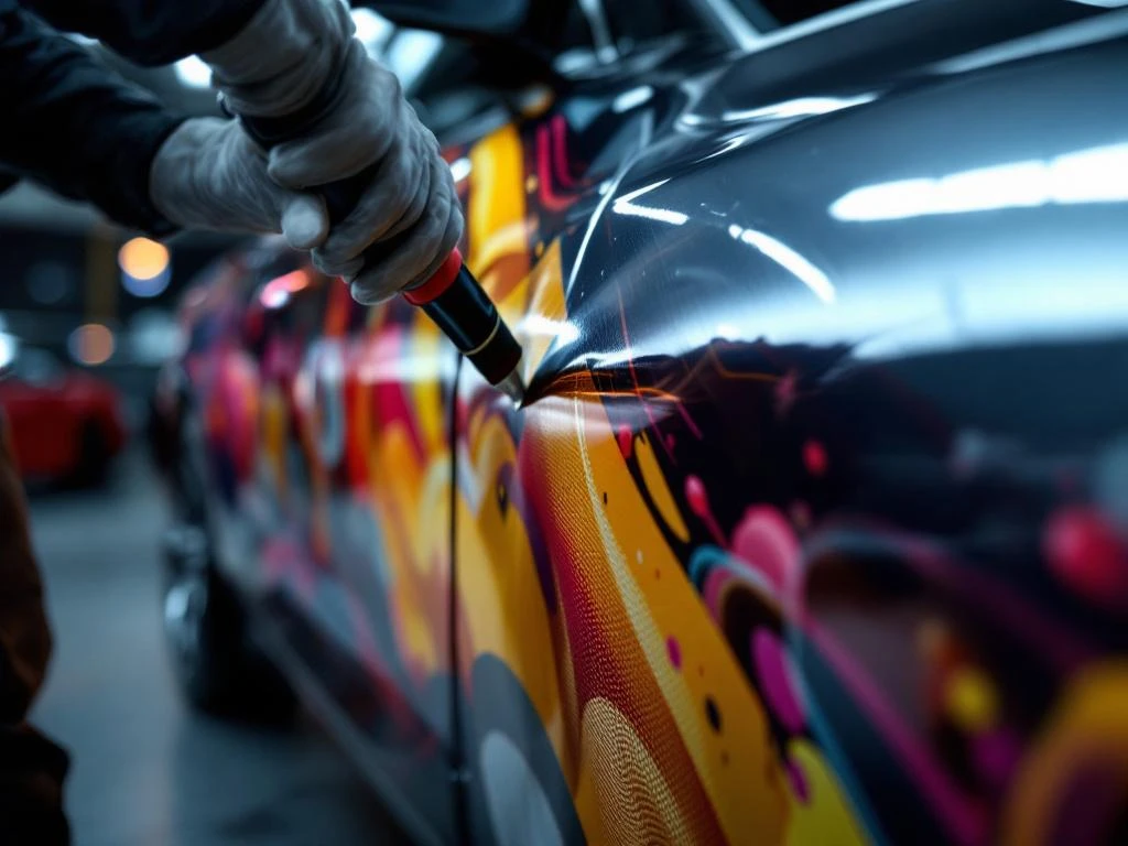 Professionele installatie van kleurrijke vinyl wrap op moderne auto zijpaneel met gereedschap en glanzende afwerking