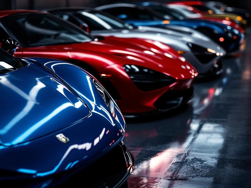 Luxe auto's met professionele vinyl wraps in elektrisch blauw, rood, zilver en zwart met dramatische studiobelichting