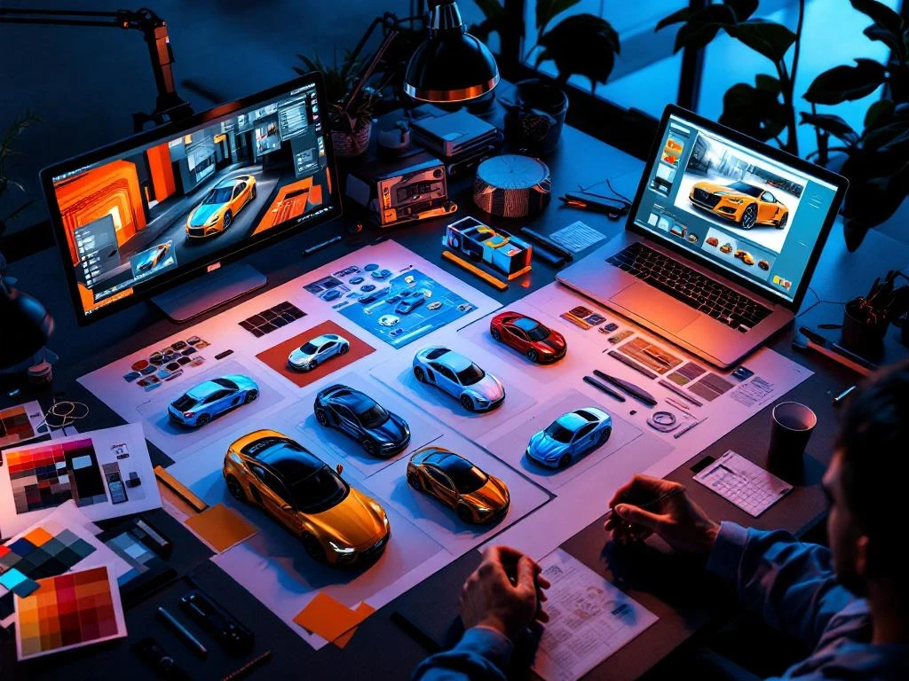 Auto-ontwerpmockups en kleurenstalen op bureau met digitale tablets die 3D visualisatiesoftware tonen voor voertuigwrapping
