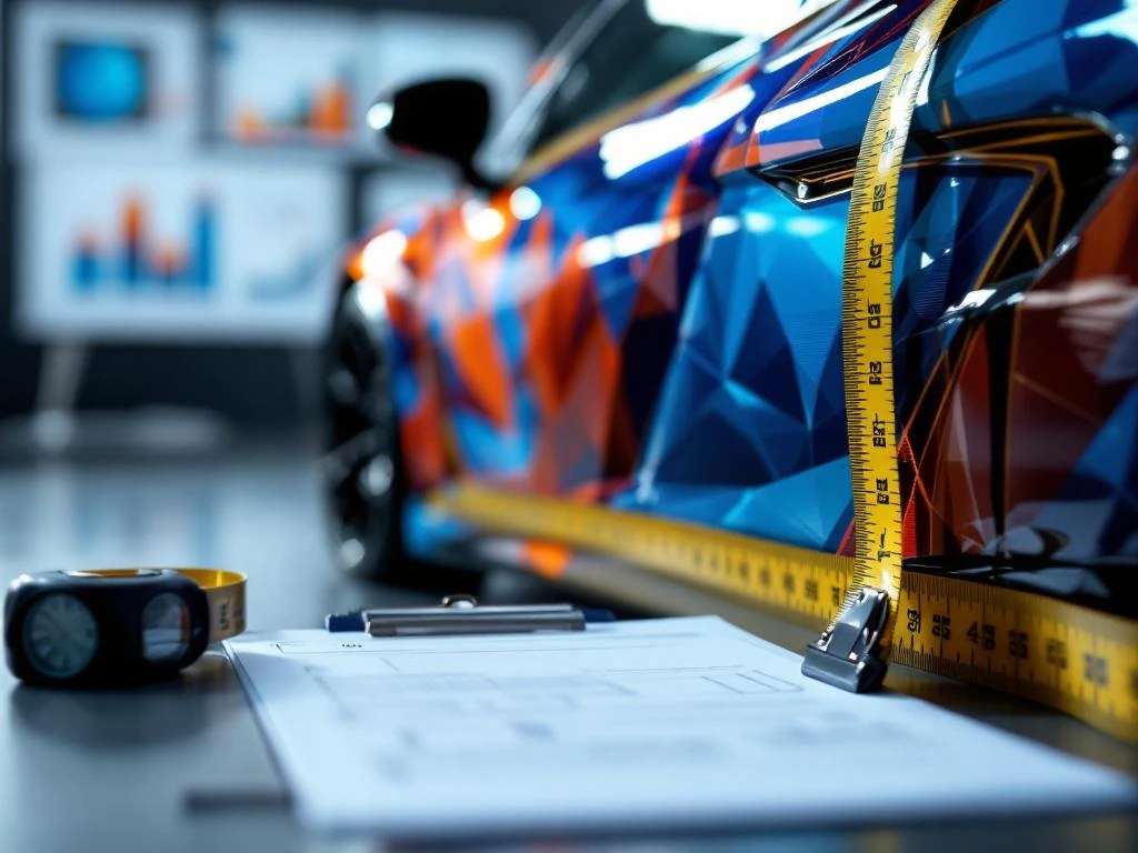 Auto met kleurrijke wrap graphics, meetlint en enquêteformulier op voorgrond, analytics grafieken op achtergrond