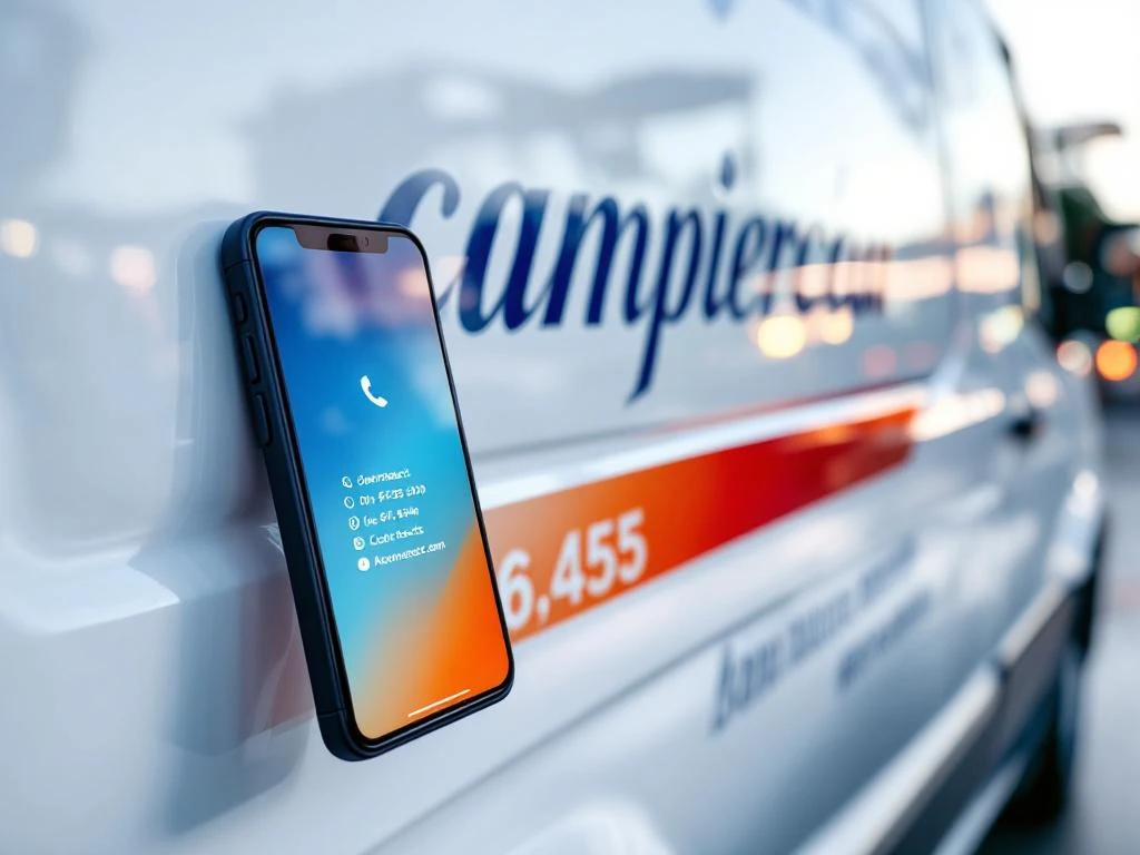 Witte bedrijfswagen met elegante voertuigbelettering en smartphone met contactgegevens op de voorgrond