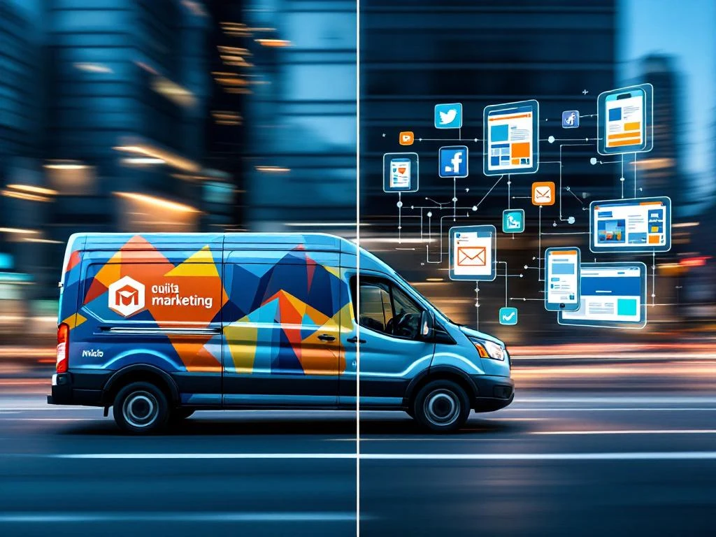 Merkbestelwagen met reclame-opdruk naast zwevende smartphone-schermen met sociale media-advertenties en digitale marketingelementen