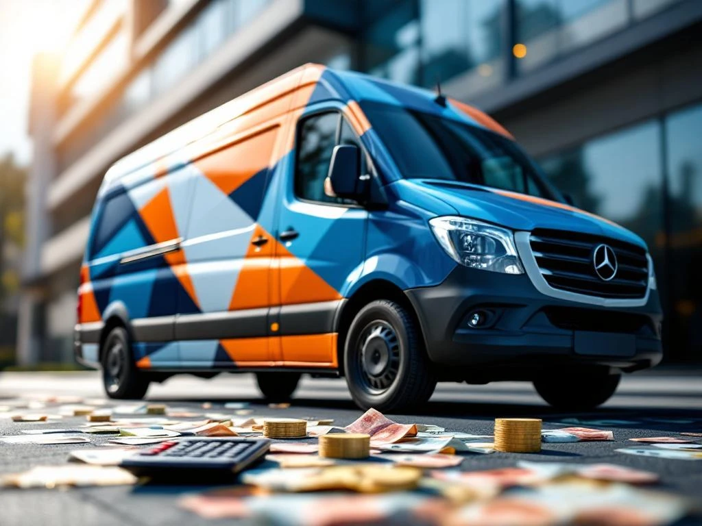 Bedrijfsbusje met blauwe en oranje reclame-belettering geparkeerd bij modern kantoorgebouw met euro bankbiljetten voorgrond