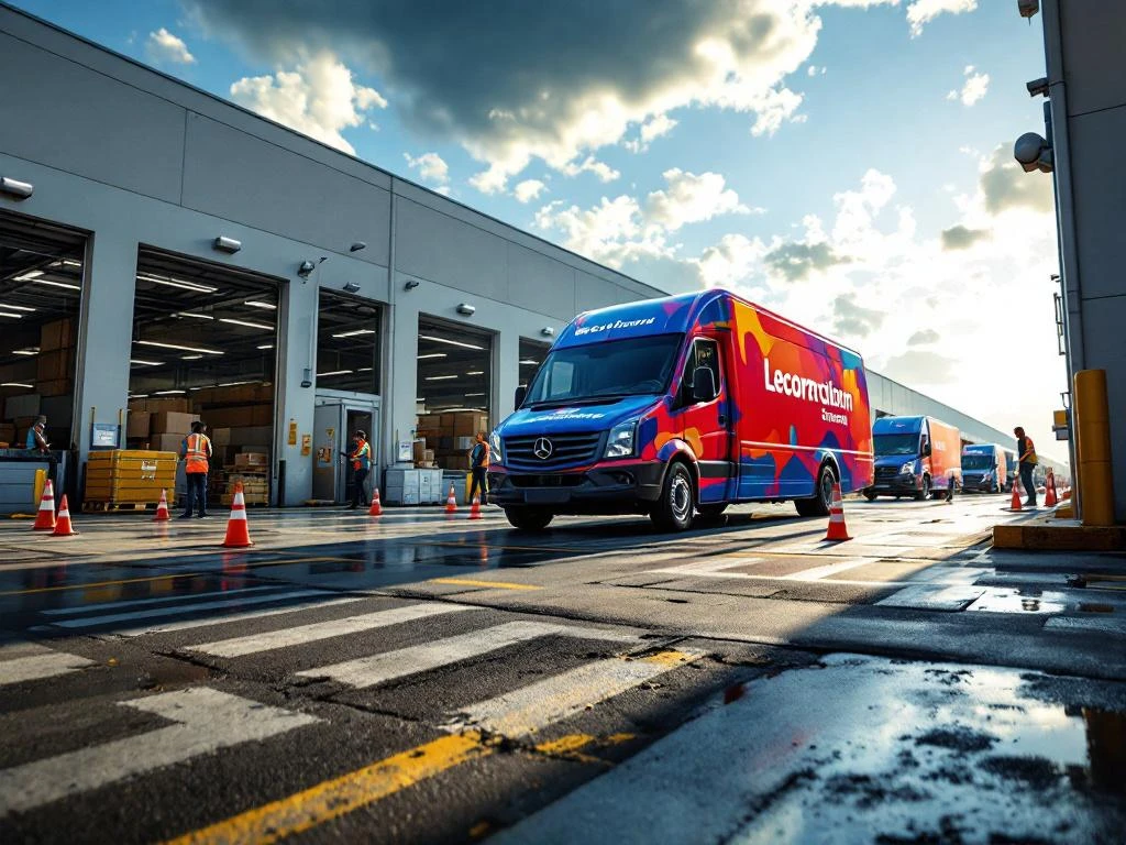 Bezorgwagen met reclame-belettering bij druk logistiek magazijn met werknemers, verkeerskegels en andere voertuigen op achtergrond