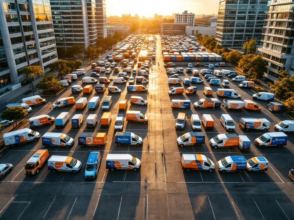 Luchtfoto van bedrijfsparkeerplaats met vloot voertuigen, helft met blauwe en oranje reclamebelettering, helft onbedrukt wit