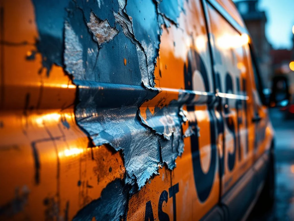 Beschadigde bedrijfswagen met gescheurde reclame-belettering en zichtbare krassen op zijpaneel onder dramatische verlichting