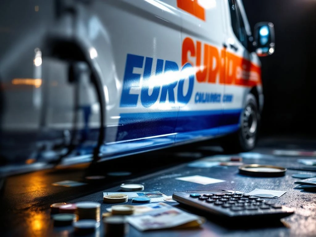 Witte bestelwagen wordt beplakt met oranje en blauwe vinyl belettering, eurobiljetten en rekenmachine tonen kosten