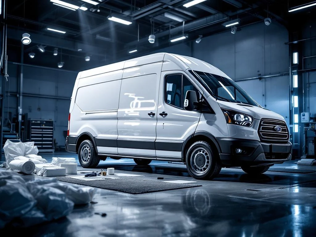 Witte bezorgwagen met professionele belettering wordt beschermd door transparante folie in moderne garage