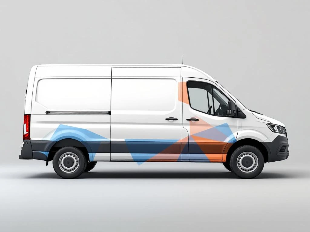 Witte bestelwagen met gemarkeerde reclamevlakken op zijpaneel, achterdeuren en motorkap voor brandingdoeleinden