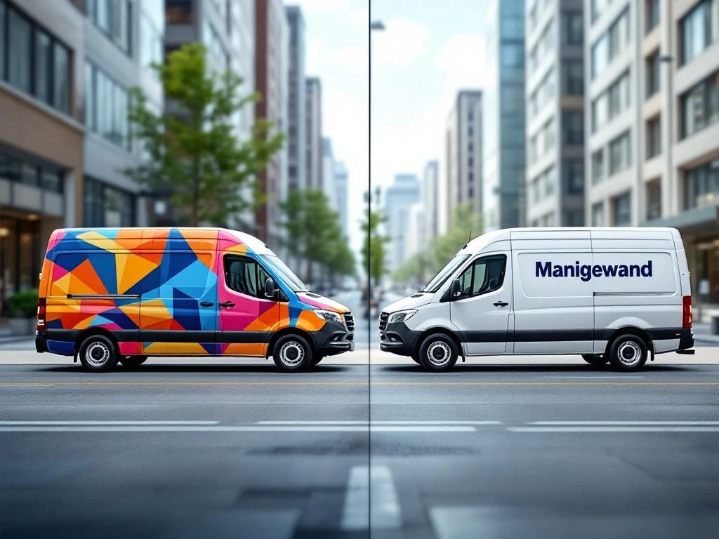 Twee identieke witte bestelwagens op stadsstraat: links met kleurrijke geometrische wrap, rechts met minimalistische letters