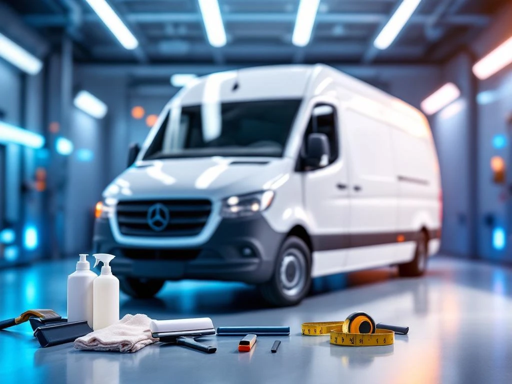 Witte bestelwagen in professionele werkplaats met gereedschap voor vinyl reclame voorbereiding