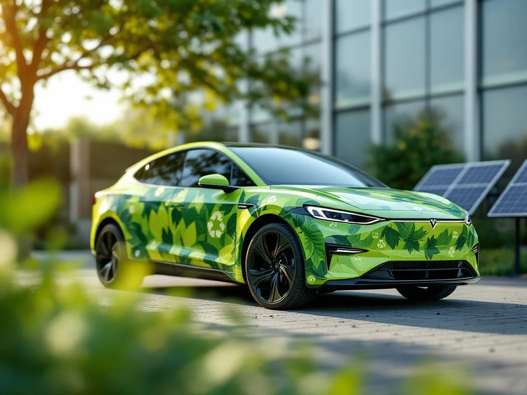 Groene elektrische auto met duurzame vinyl wrap en bladpatronen geparkeerd naast zonnepanelen installatie