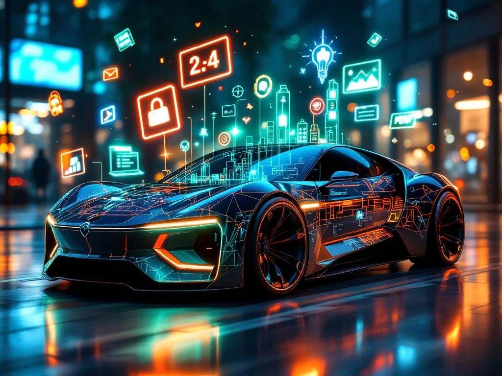 Futuristische auto met holografische reclameprojecties in blauw, groen en oranje tegen stedelijke achtergrond