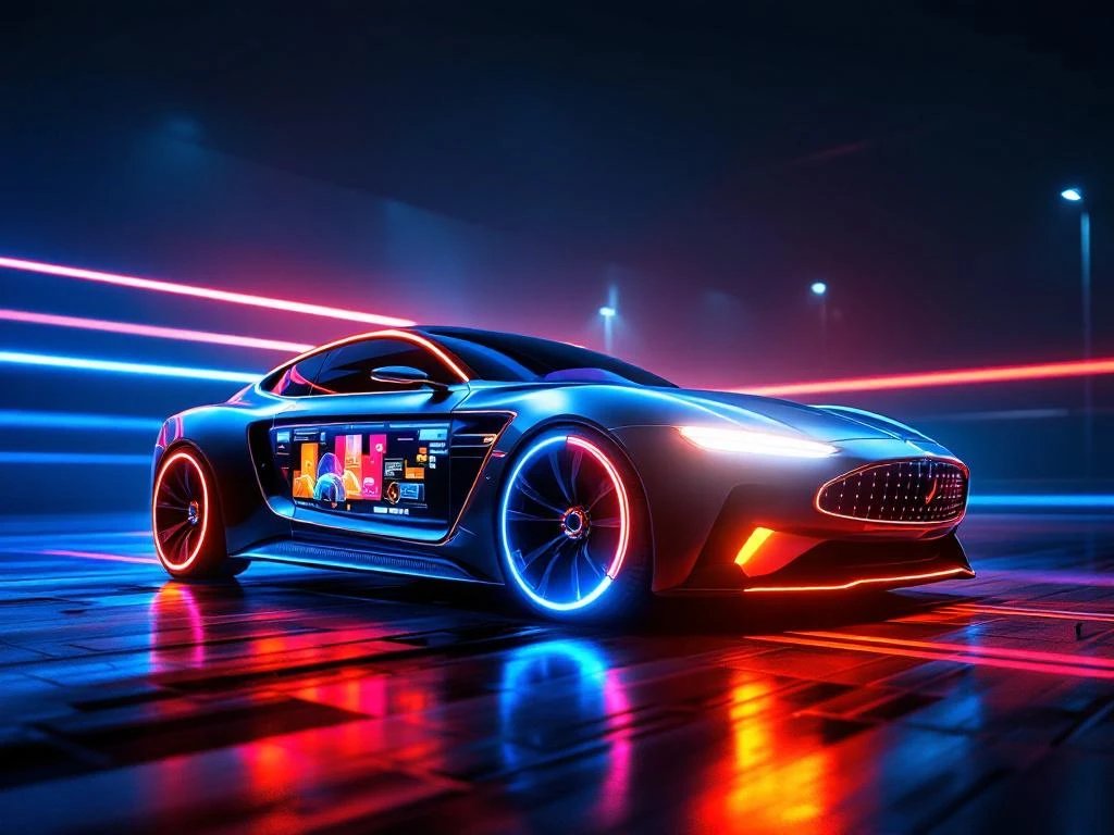 Moderne auto met kleurrijke LED-reclame displays en blauwe en rode lichtstrepen tegen donkere stedelijke achtergrond