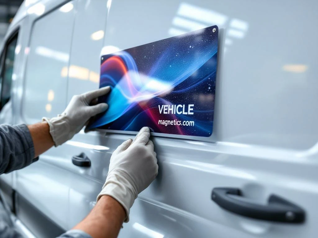 Professionele montage van magnetische reclame panelen op witte bestelwagen in werkplaats