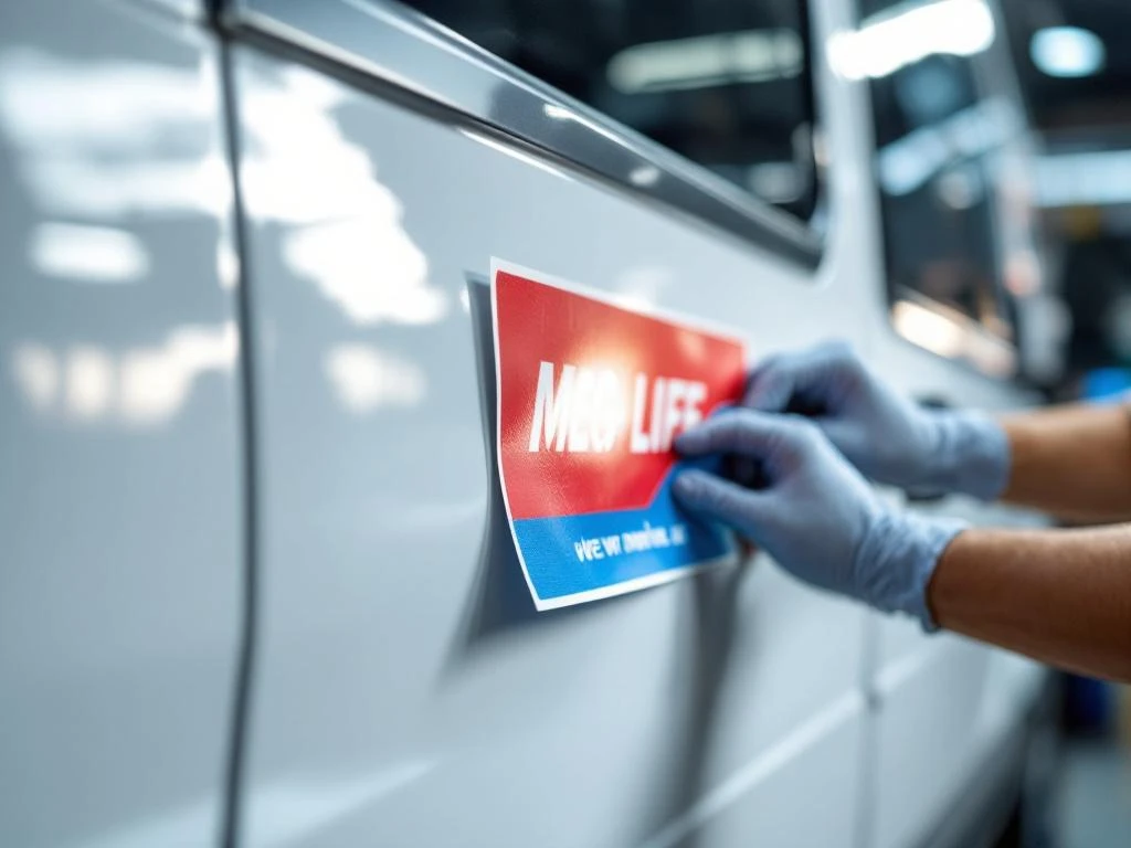 Professionele montage van kleurrijke magnetische reclamestickers op witte bestelwagen in werkplaats