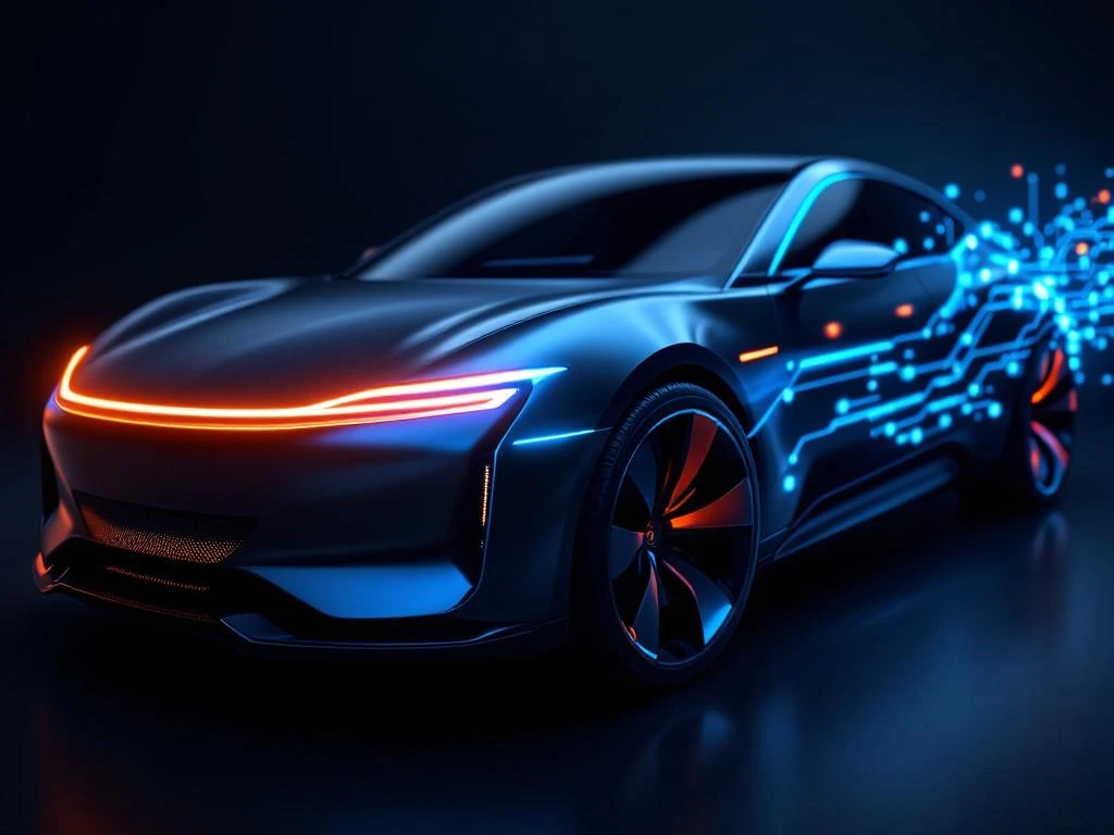 Moderne auto met LED-strips, touchscreen panelen en holografische displays in blauw-oranje digitale circuitpatronen