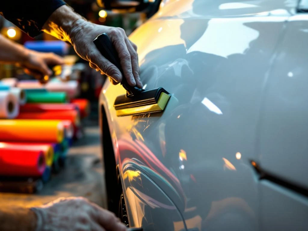 Handen die vinyl autostickers aanbrengen op witte auto met professionele gereedschappen en kleurrijke materialen