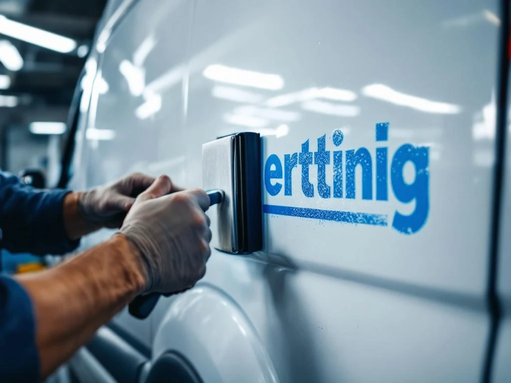 Professionele handen brengen blauwe vinyl belettering aan op witte bedrijfswagen met squeegee en gereedschap