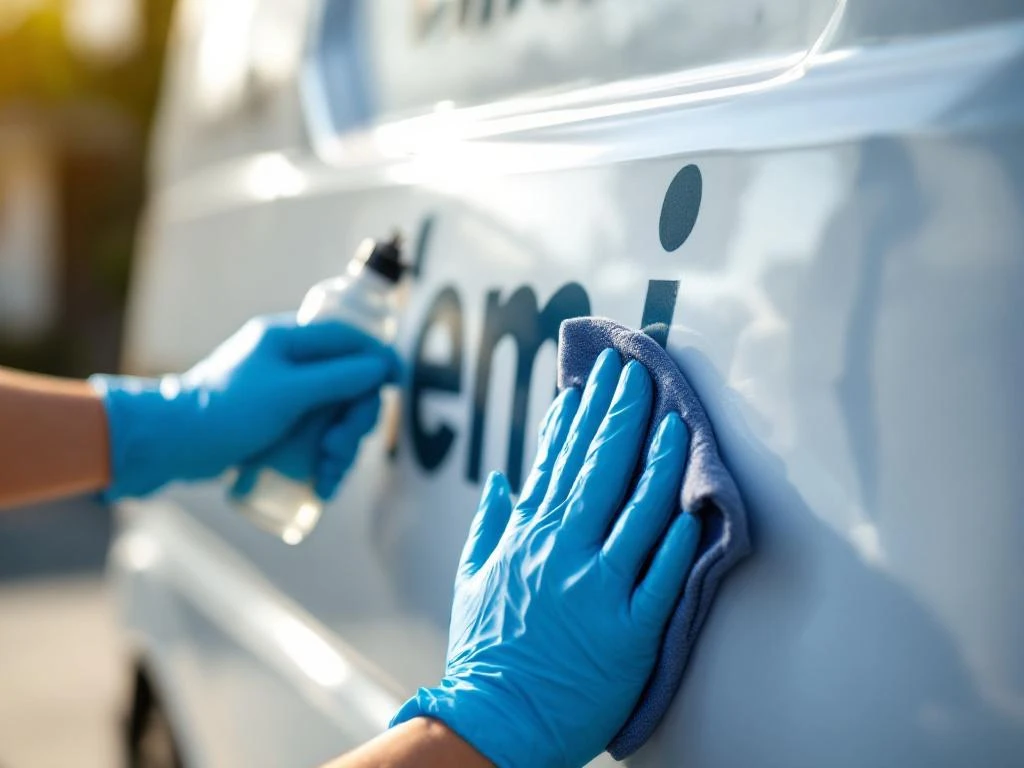 Handen in blauwe handschoenen reinigen vinyl belettering op witte bestelwagen met professionele schoonmaakgereedschappen