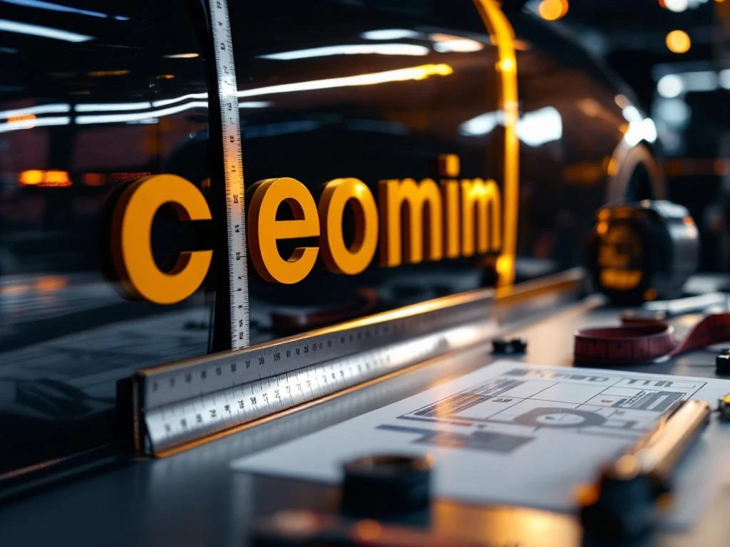 Autoportier met grote vinyl letters wordt nauwkeurig gemeten met professionele meetgereedschappen in studio-omgeving