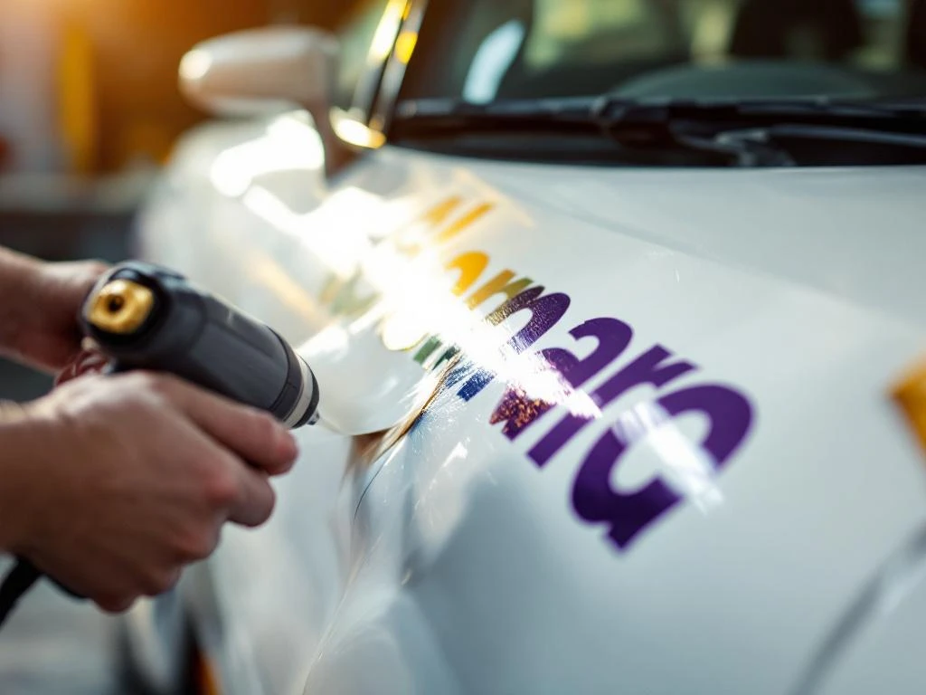Handen verwijderen zorgvuldig kleurrijke vinyl autostickers van witte auto met professionele gereedschappen op werkplek
