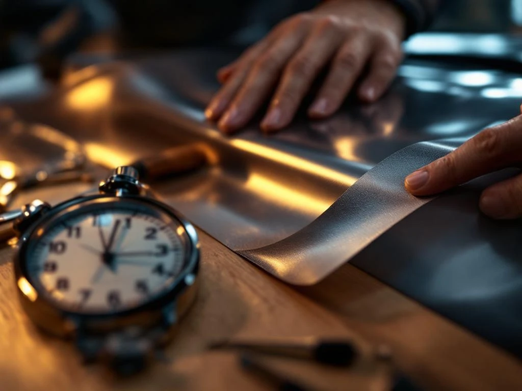 Professionele handen die vinyl autowrap aanbrengen met squeegee, stopwatch en gereedschap op voorgrond