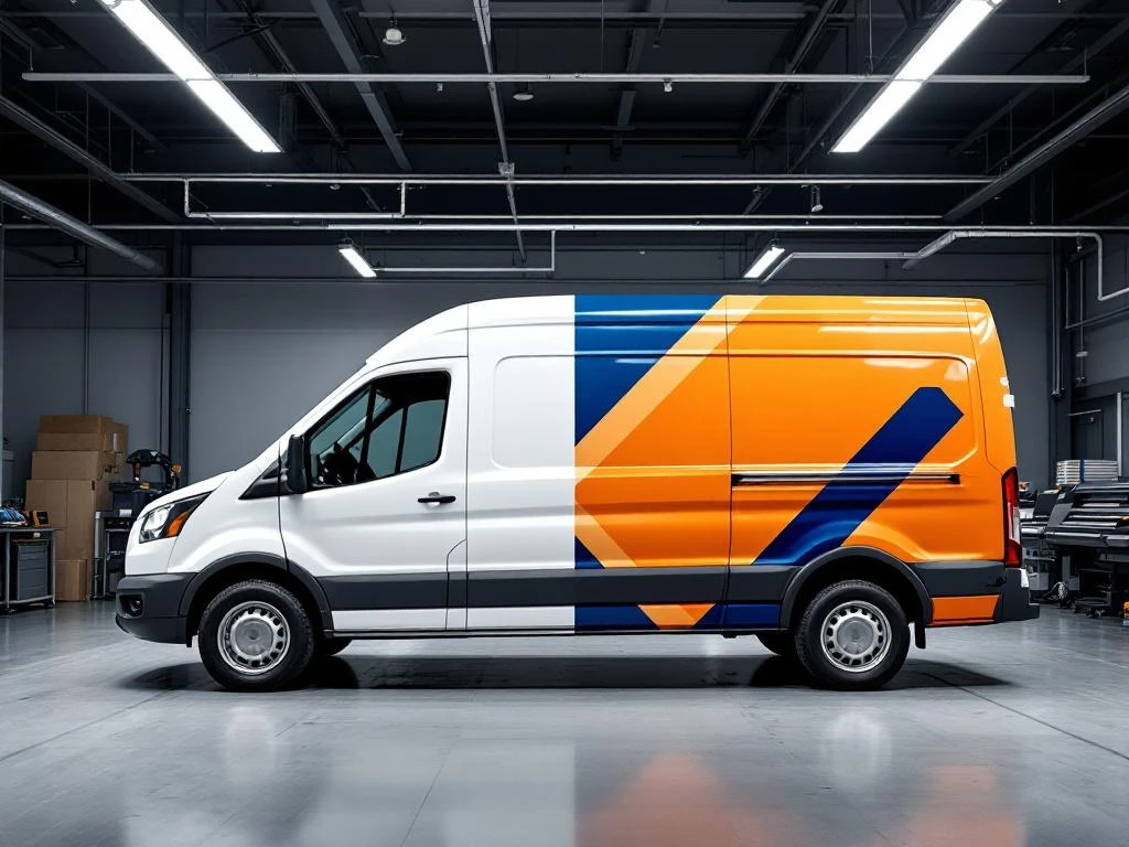 Witte bedrijfswagen met half voltooide vehicle wrapping in blauw en oranje, met printapparatuur in professionele werkplaats