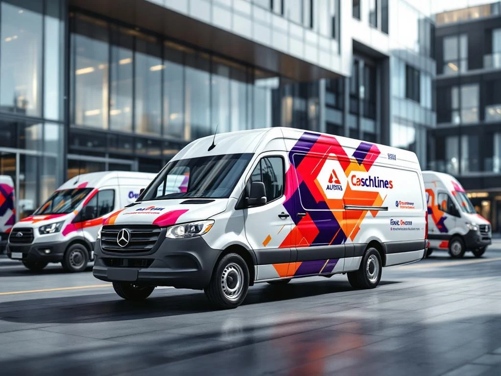 Witte bestelwagen met professionele reclame-belettering geparkeerd voor moderne kantoorgebouwen in zakendistrict
