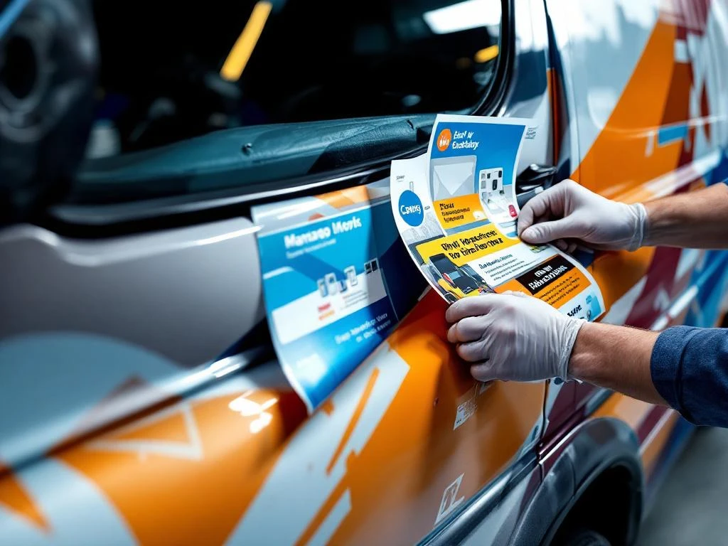 Professionele monteur verwijdert vinyl reclamestickers van witte bedrijfswagen en brengt nieuwe campagnematerialen aan