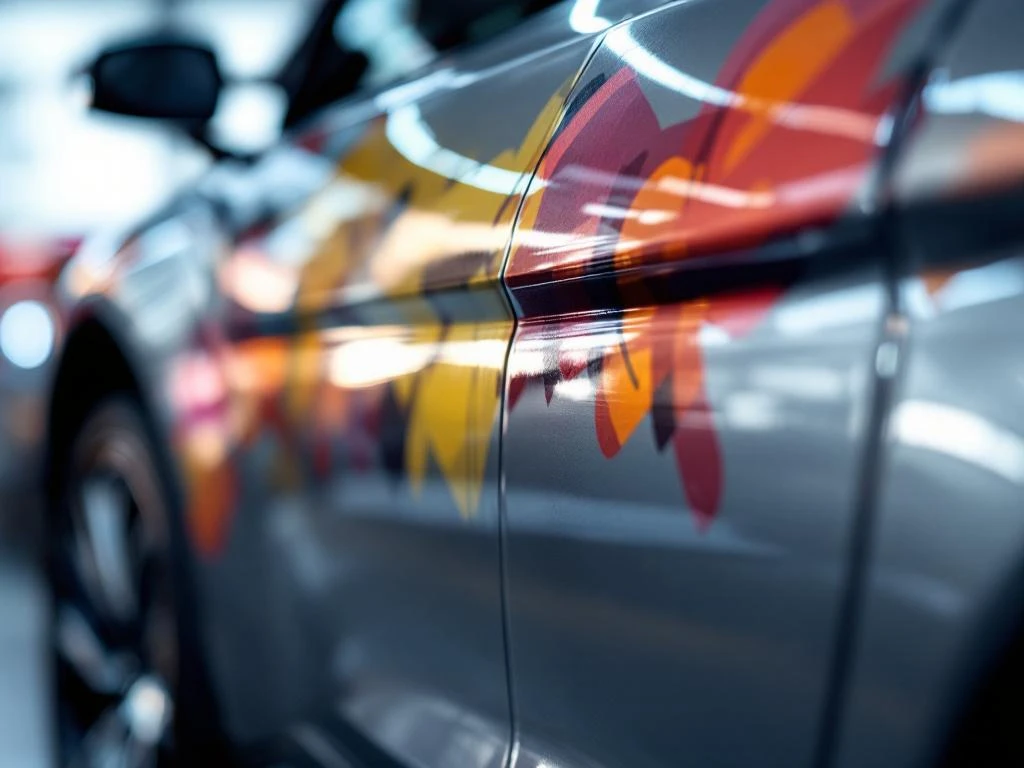 Close-up van moderne auto met professionele reclame-decals en glanzende metallic lak met studioverlichting