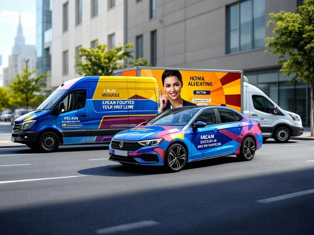 Voertuigreclame showcase met bestelwagen, bedrijfsauto en vrachtwagen met professionele belettering in stedelijke omgeving