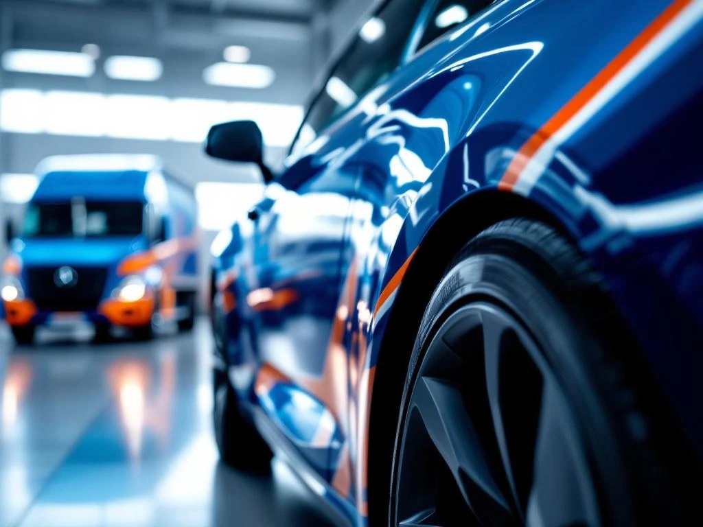 Close-up van professionele vehicle wrap in blauw en oranje op moderne auto in garage met commerciële voertuigen