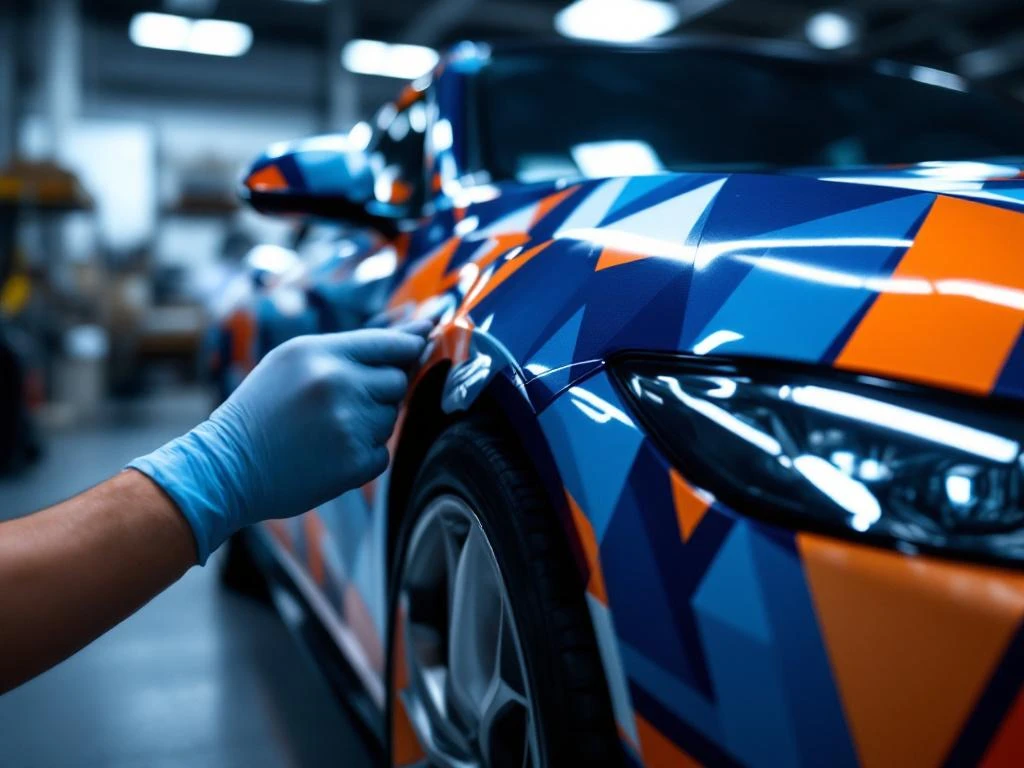 Professionele montage van vehicle wrap met blauwe en oranje geometrische patronen op moderne auto in werkplaats