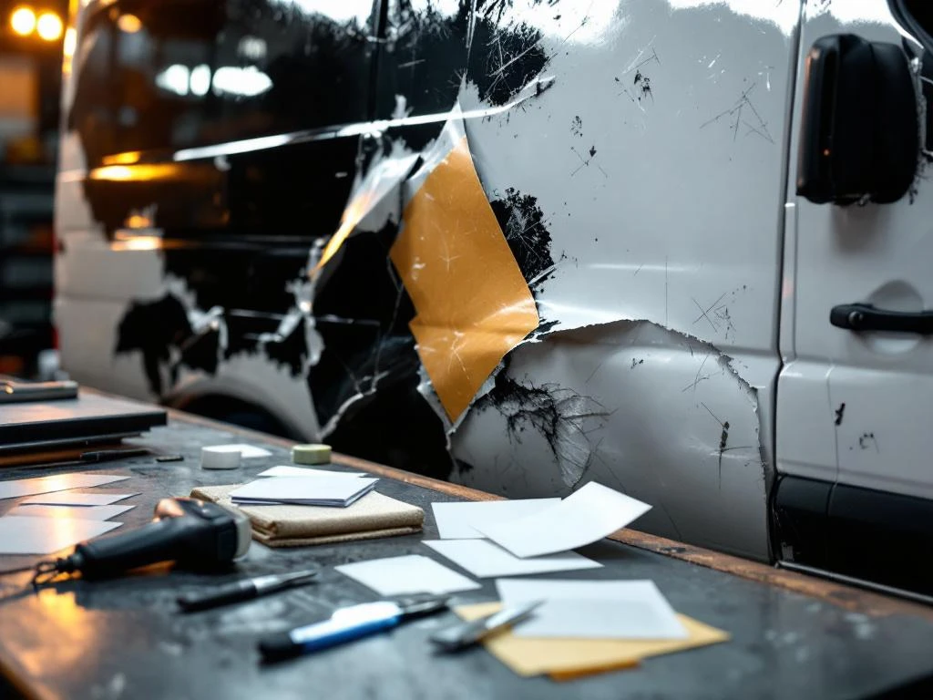 Beschadigde voertuigbelettering op witte bestelwagen met professionele reparatiegereedschappen op werkoppervlak