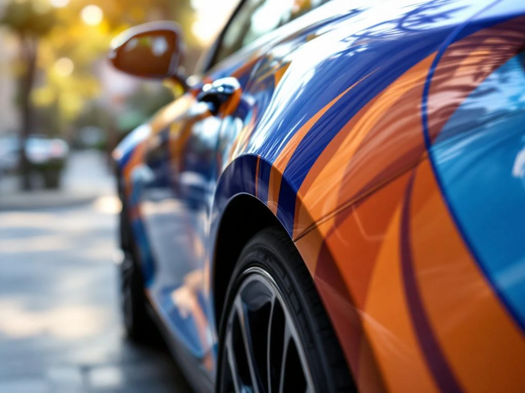 Auto zijpaneel met professionele vinyl reclame graphics in blauw en oranje, glanzende afwerking in stedelijke omgeving