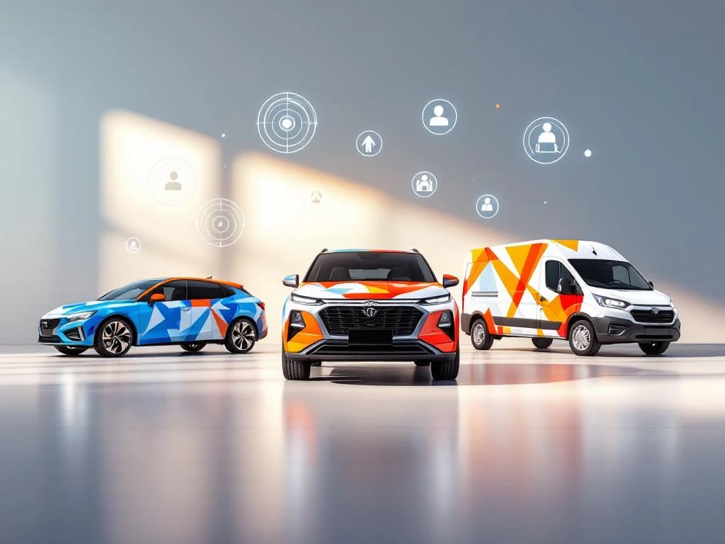 Drie auto's met kleurrijke wrapping designs - sedan, SUV en bestelwagen - met marketingsymbolen op professionele studioachtergrond