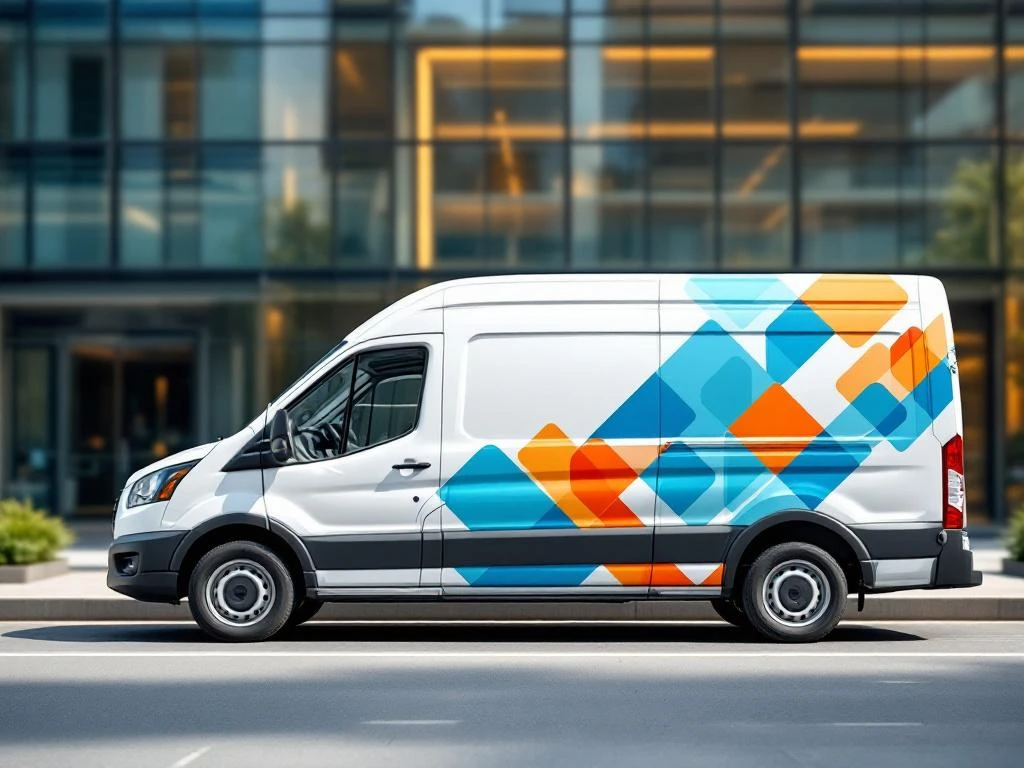 Witte bestelwagen met professionele belettering in blauw en oranje op moderne bedrijfsstraat met kantoorgebouwen