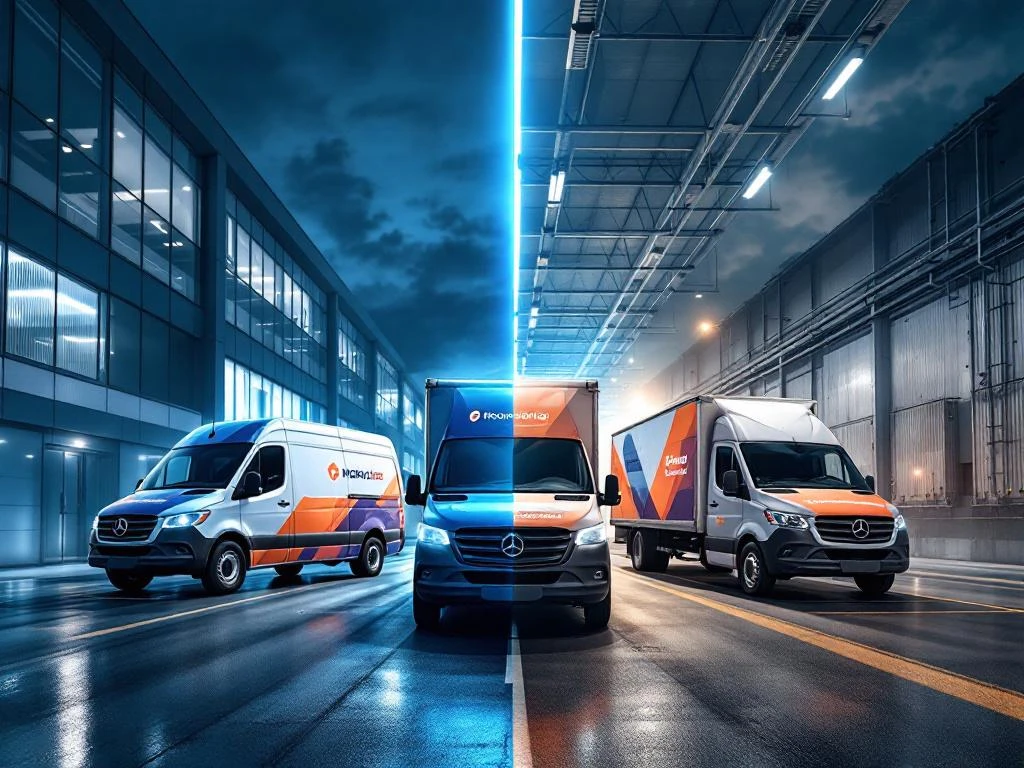 Drie professioneel beletterде bedrijfsvoertuigen met reclame-wrapping tussen modern kantoorgebouw en industrieel magazijn