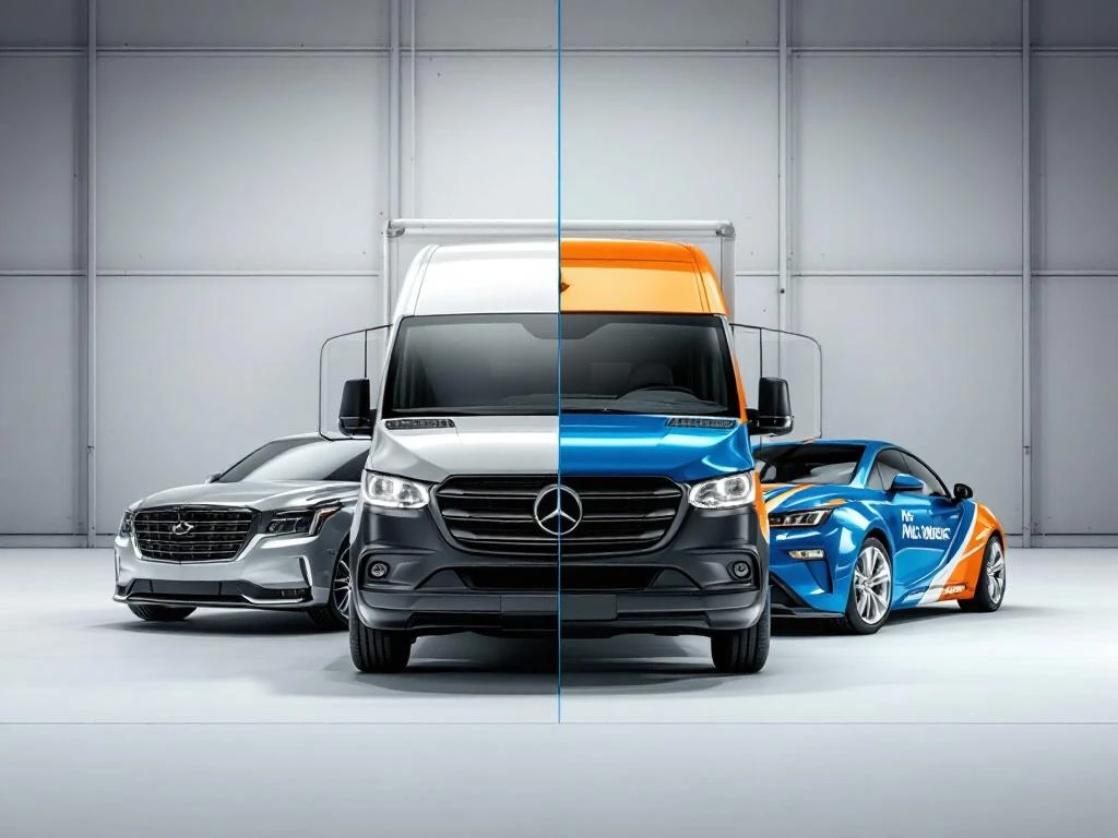 Voertuigen voor reclame: witte bestelwagen zonder wrap naast vrachtwagen en auto met blauwe en oranje vehicle wraps
