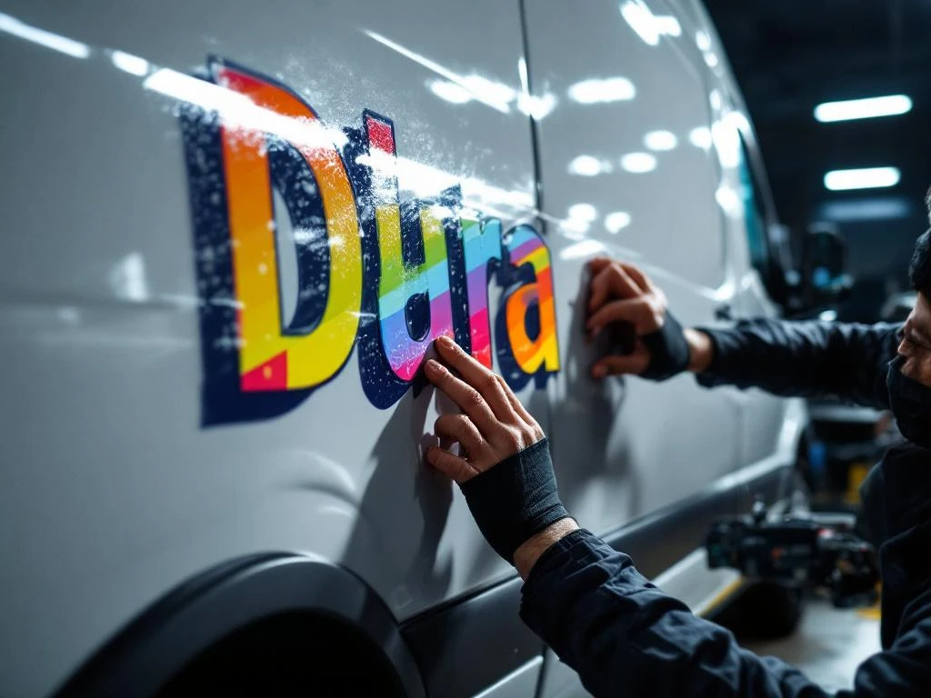 Technicus installeert professionele vinyl belettering op witte bestelwagen in moderne werkplaats