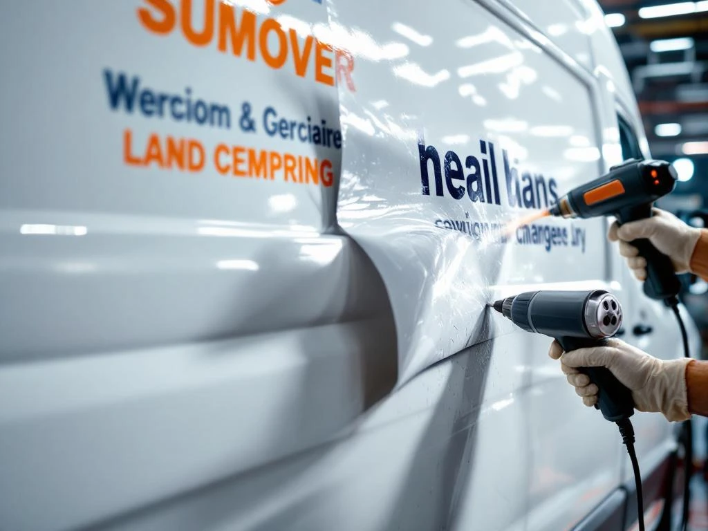Professionele verwijdering van reclameletters van witte bestelwagen met warmtepistool en gereedschap in werkplaats
