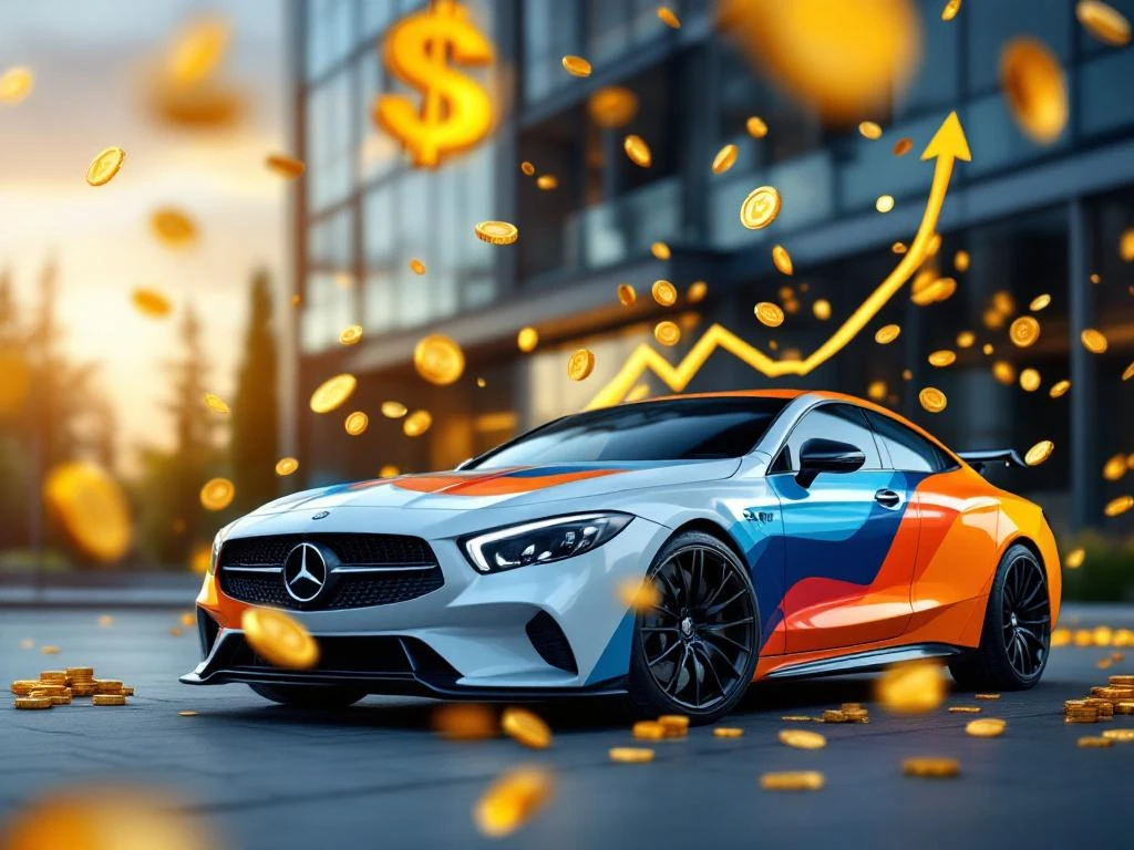 Moderne auto met vehicle wrapping voor kantoorgebouw met zwevende munten en pijlen die ROI groei symboliseren
