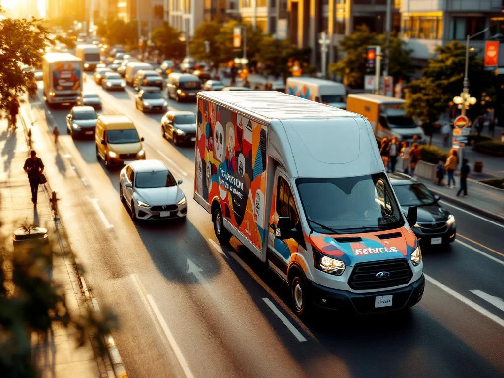 Witte bestelwagen met reclamebelettering rijdt door drukke stadsstraat met andere voertuigen met reclame-wrapping