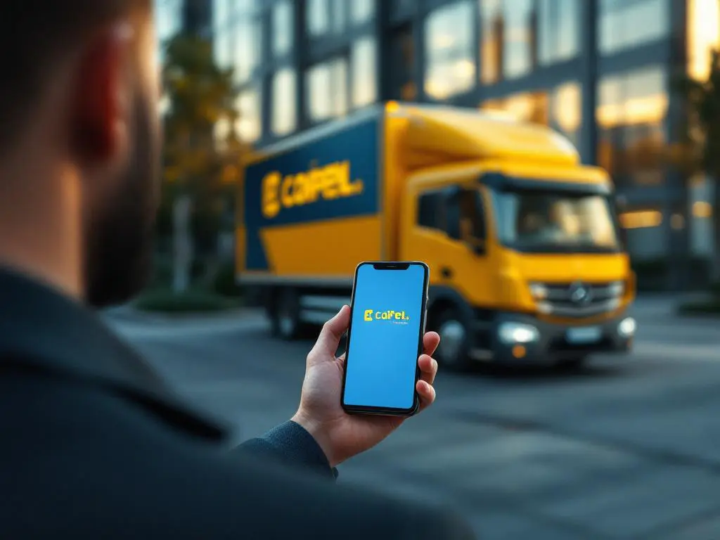 Gele bezorgwagen en zakenman met smartphone tonen geïntegreerde merkidentiteit bij modern kantoorgebouw tijdens gouden uur
