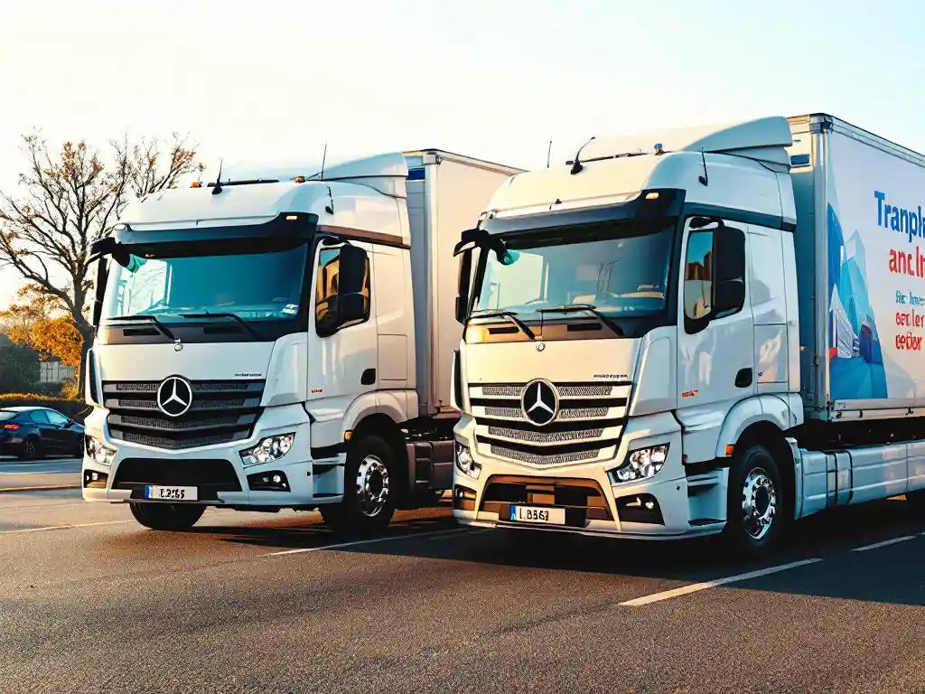 Witte bestelwagen met kleurrijke reclame-graphics naast identieke ongemerkte vrachtwagen op asfalt in gouden uurtje