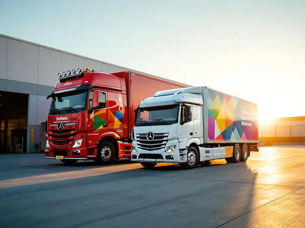 Witte bestelwagen en rode vrachtwagen met kleurrijke reclame-belettering geparkeerd in moderne logistieke werf tijdens gouden uur
